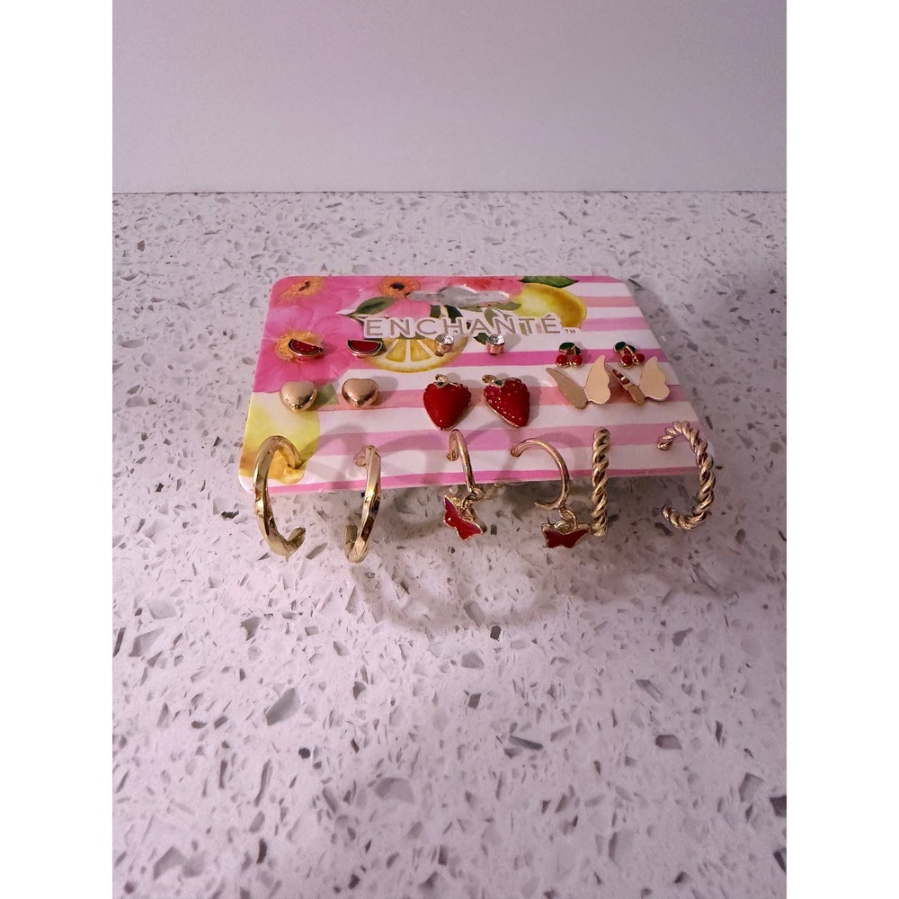 Enchante 9 Pair Earring Set Gold Tone Fruit Strawberry Butterfly Hoops Studs